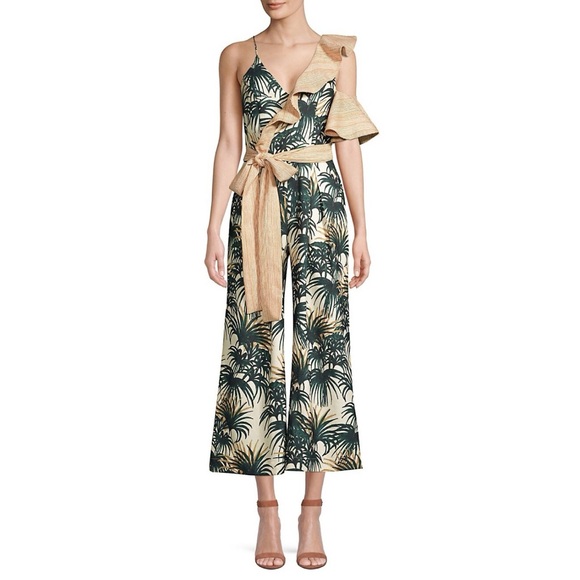 PatBO Palm Jumpsuit (Sz 2) Asymmetric Ruffle Wide Leg Crop Green & White - Picture 5 of 16